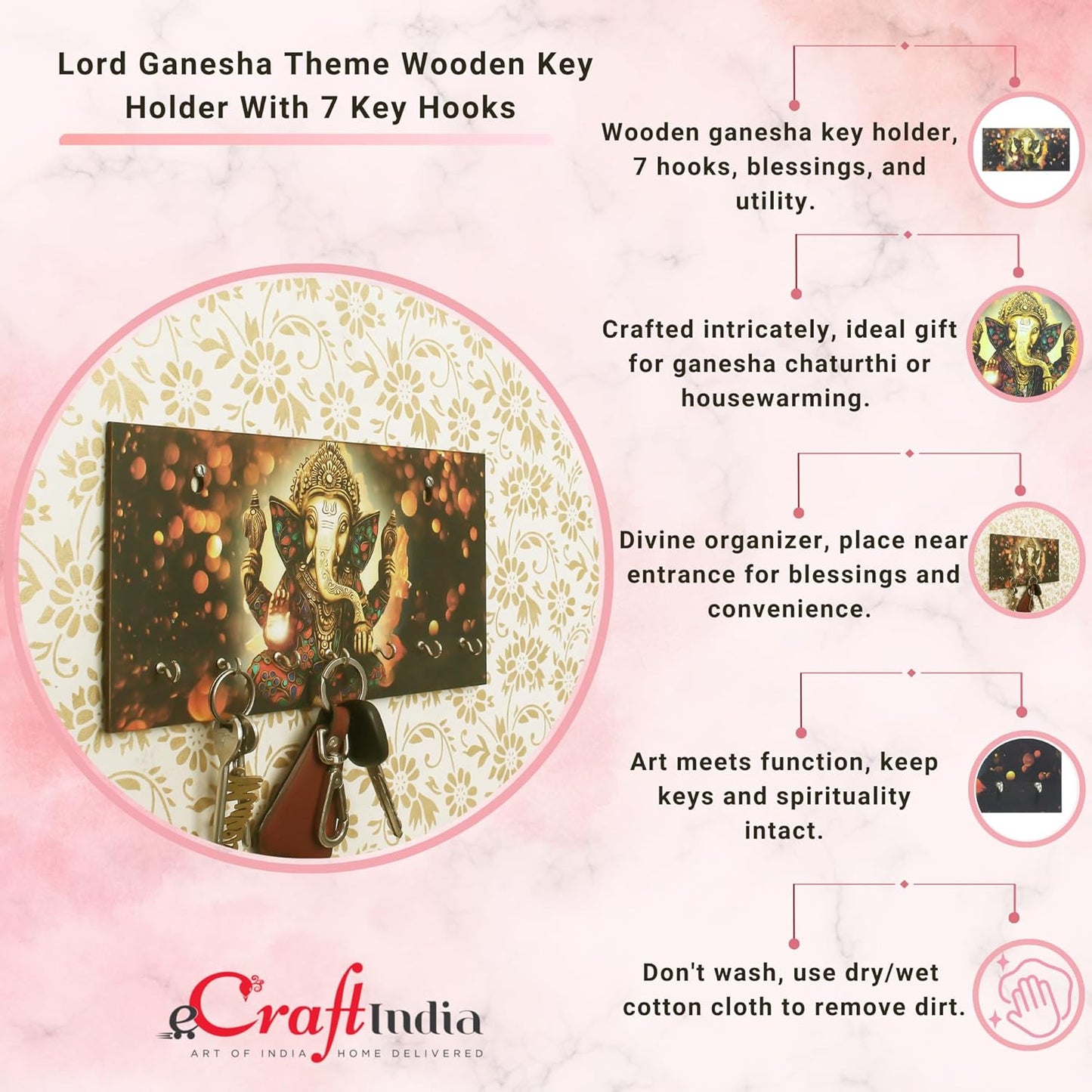 Ecraftindia Lord Ganesha Theme Wooden Key Holder for Wall With 7 Key Hooks
