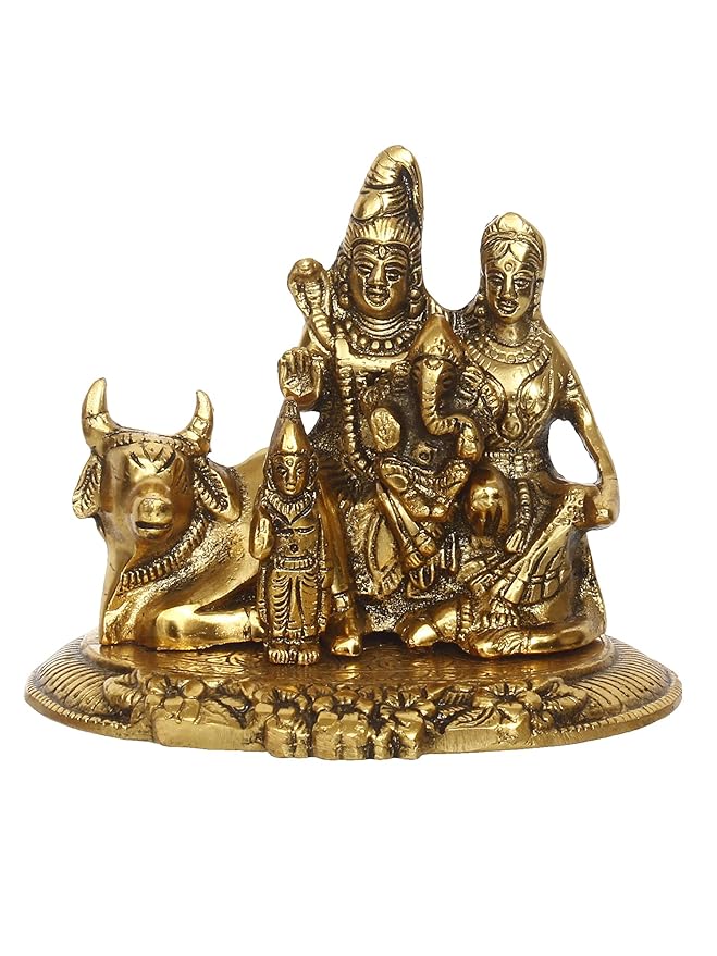Ecraftindia Golden Metal Handcrafted Lord Shiva, Parvati, Kartik, and Ganesha Idol Sitting on Nandi Animal Figurine Decorative Showpiece