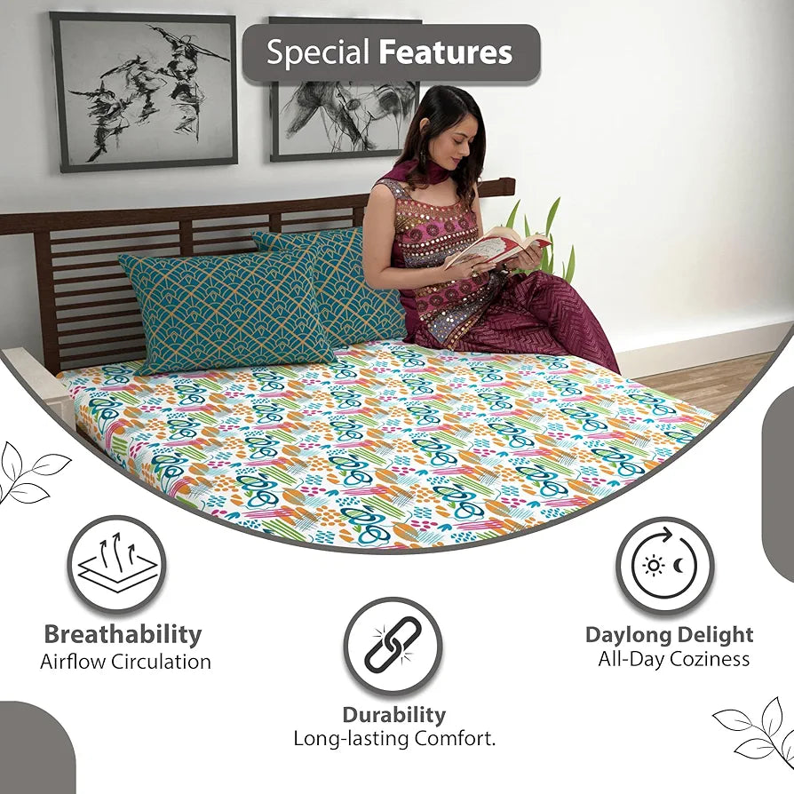 Divine Casa Bedsheet for Single Size Bed 144 TC Cotton Bedsheet for Single Size Bed with 1 Pillow Cover Abstract Colour Teal & Mustard