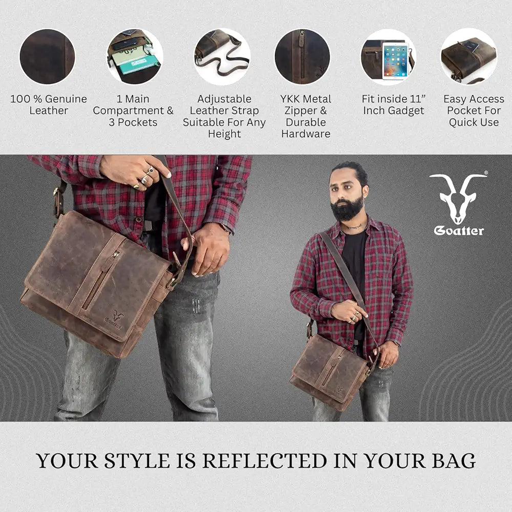 Goatter Mens Genuine Leather 11" Inch Messenger Bag