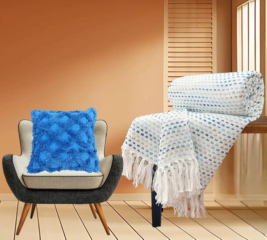 Sajavat Home Hand-Knitted Pure Cotton 3 Seater Sofa Throw with Cushion Cover Colour Egyptian Cushion & Multi Blue Throw