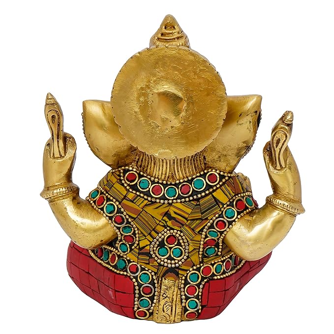 Ecraftindia Handcrafted Golden Brass Chaturbhuj Lord Ganesha Idol With Colorful Stone Work