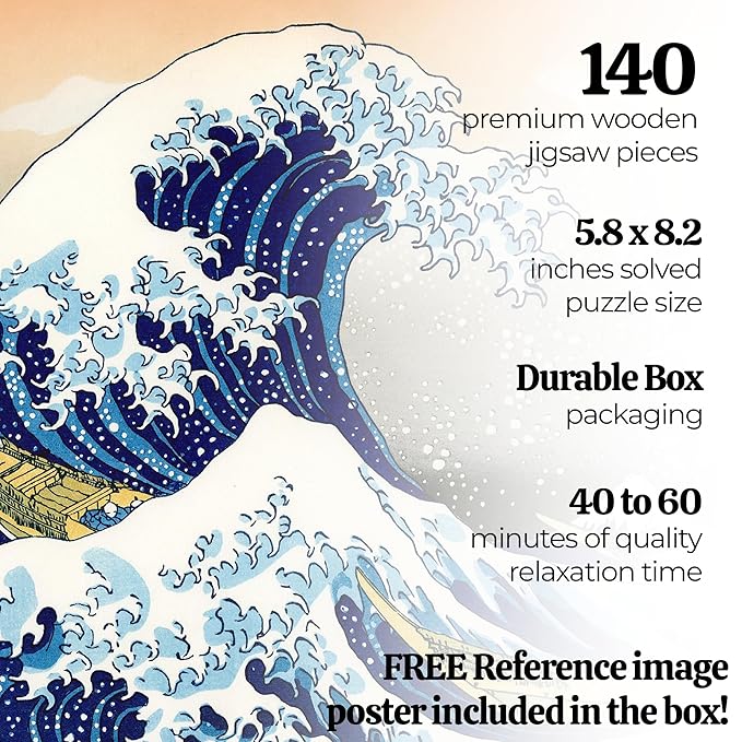 91knots Hokusai's the Great Wave Off Kanagawa Wooden Jigsaw Puzzle 140 Pieces for Adults and Kids | Japanese Ukiyo-e Artwork