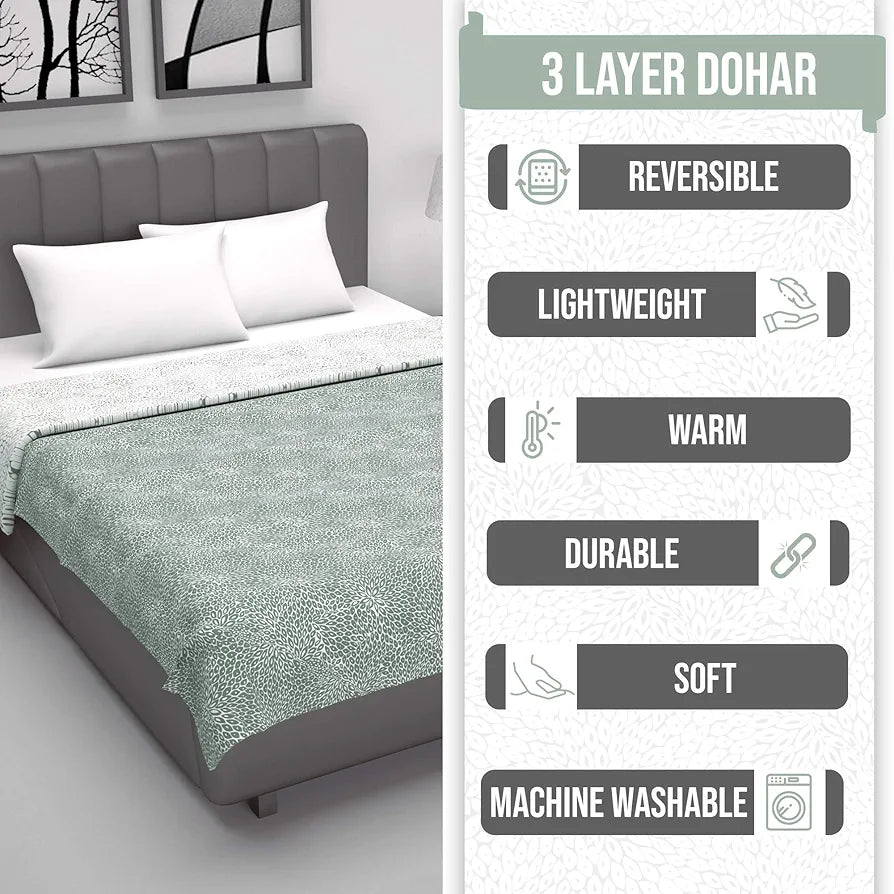 Divine Casa 120 GSM Microfiber Single Dohar Soft & Lightweight Throw Blanket Floral Burst Pattern Colour Sage Green & White