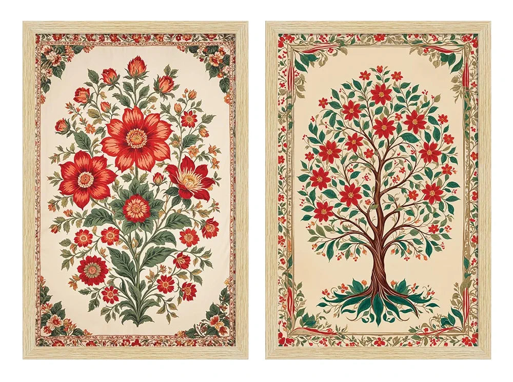 ArtX Paper Floral Art Paintings Flowers - 04 with Frame Multicolor Natural Wood Color Set of 2
