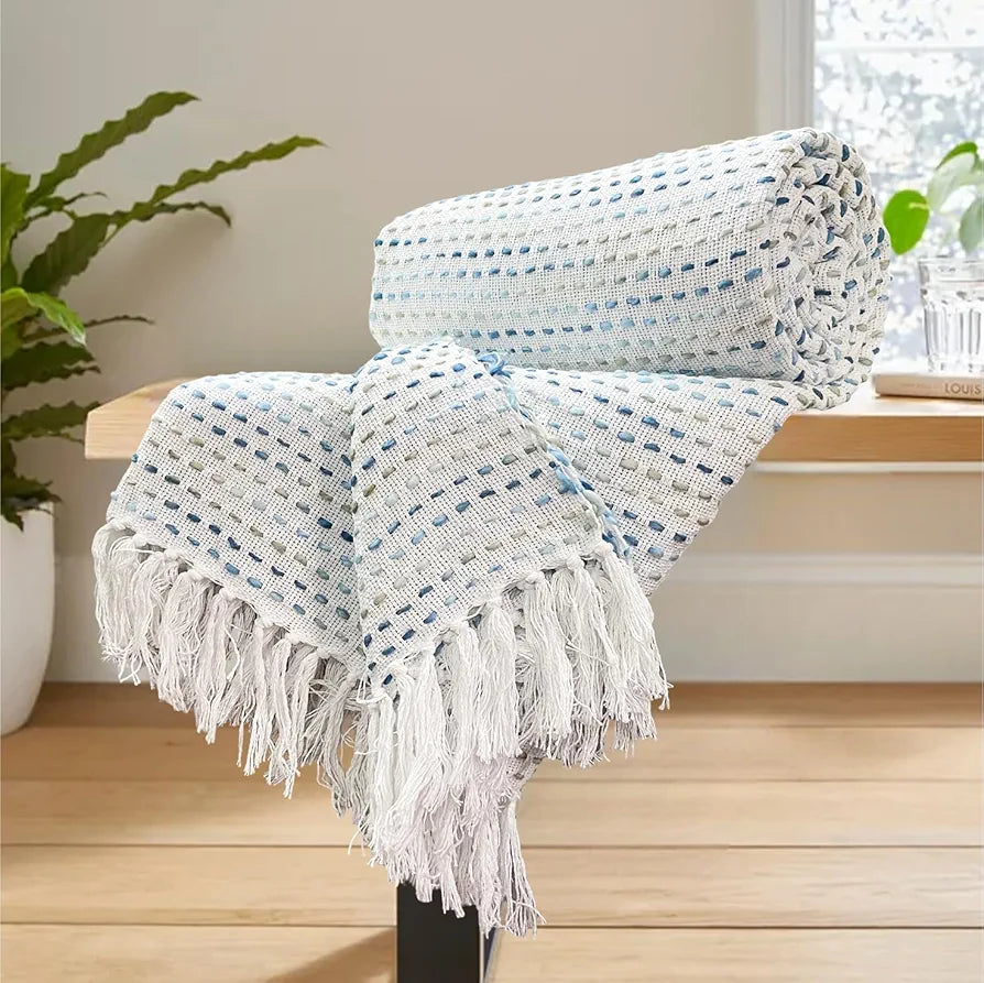 Sajavat Home Hand-Knitted Pure Cotton 3 Seater Sofa Throw Colour Blue Multi