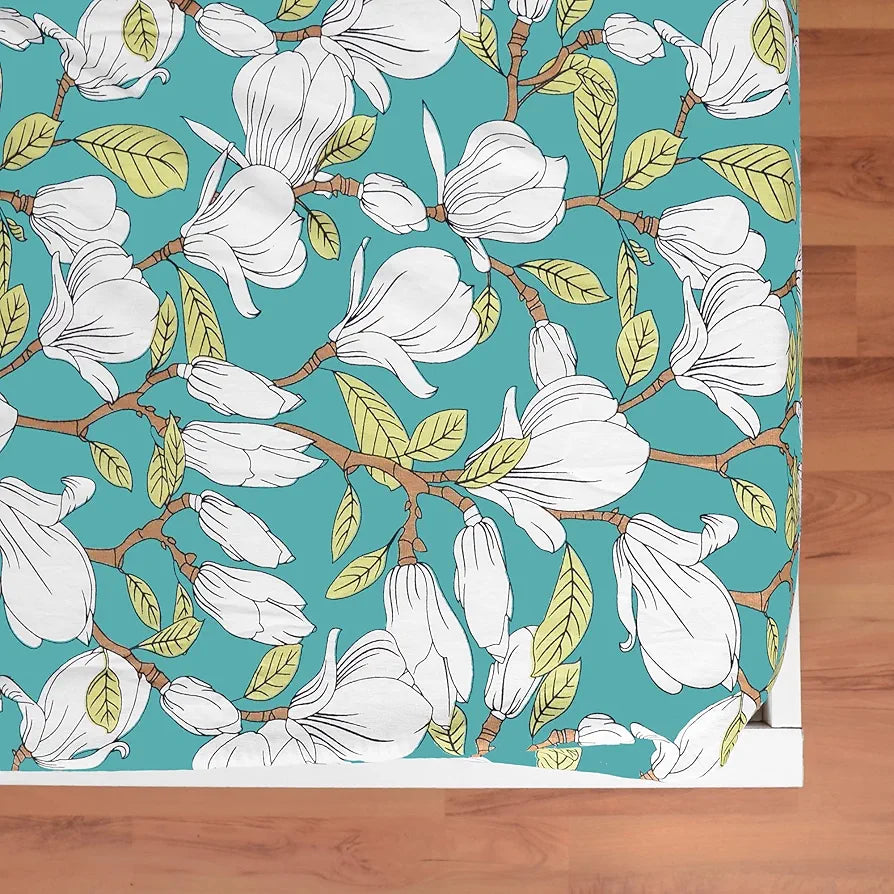 Divine Casa 144 TC Cotton Floral Print King Size Double Bed Elastic Fitted Bedsheet with 2 Pillow Cover Colour Aruba Blue
