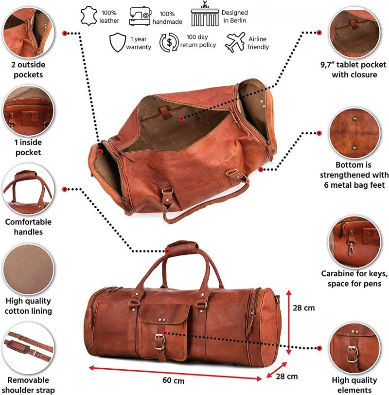 Craftshades – Handcrafted 28″ Curved Duffle Leather Bag | 100 Genuine Leather