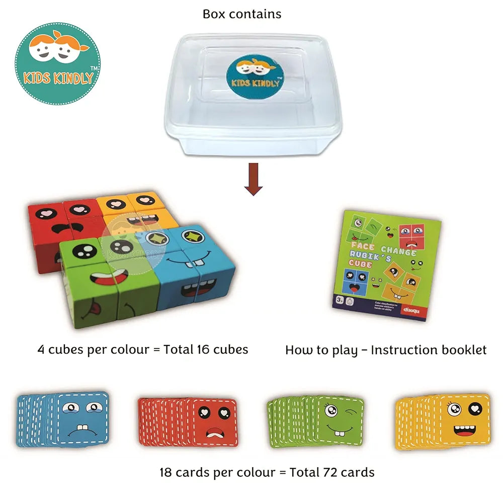 KIDS KINDLY Wooden Face Puzzle Game for Kids Age 3+, Emoji Expression Matching Toy with 16 Blocks & 72 Cards, Fun Indoor Puzzle for Boys and Girls, Educational Games & Gifts
