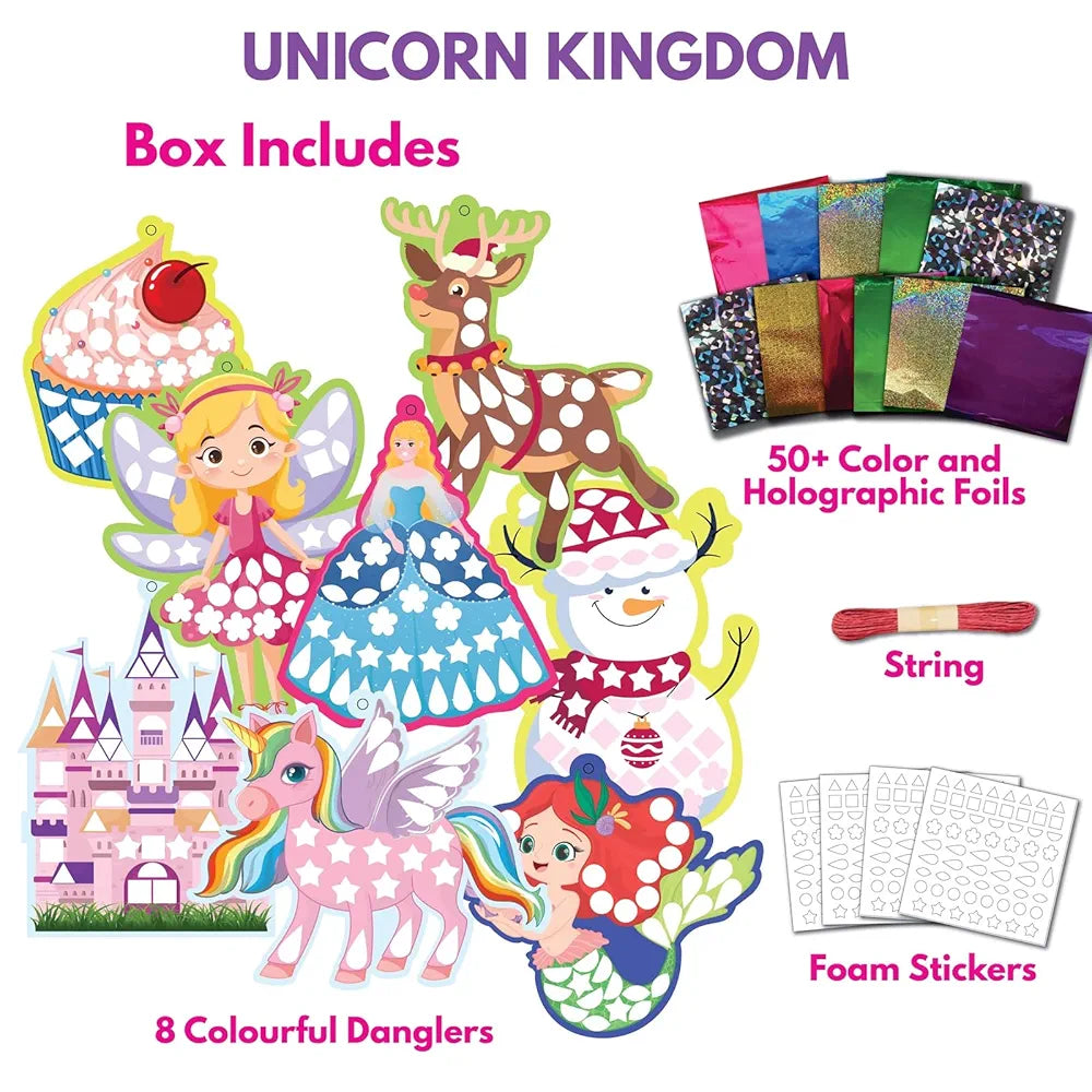 SparkLPlay Foil Art & Craft Kit for Girls | DIY Mosaic with 8 Danglers, 40+ Foils & 190+ Stickers | Princess Unicorn Foil Fun | Gift for Girls Ages 4–9 | Creative Toy | Unicorn Kingdom