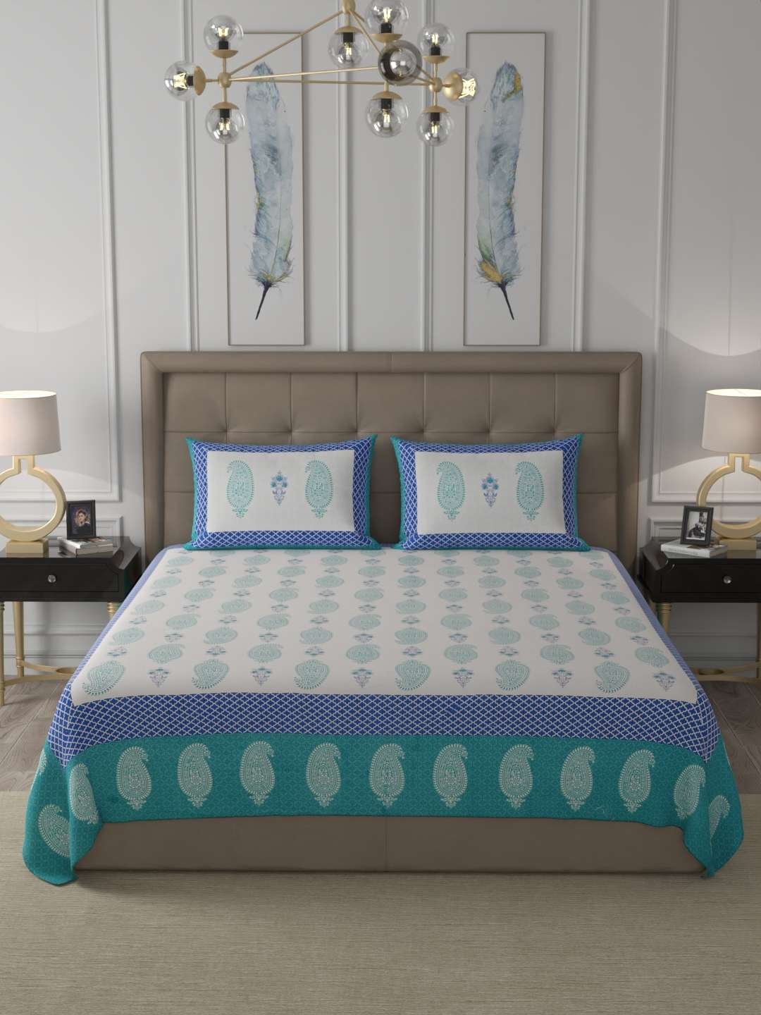 100% Pure Cotton Traditional Printed Bedsheet for Double Bed King Size Bedsheet with 2 Pillow Covers