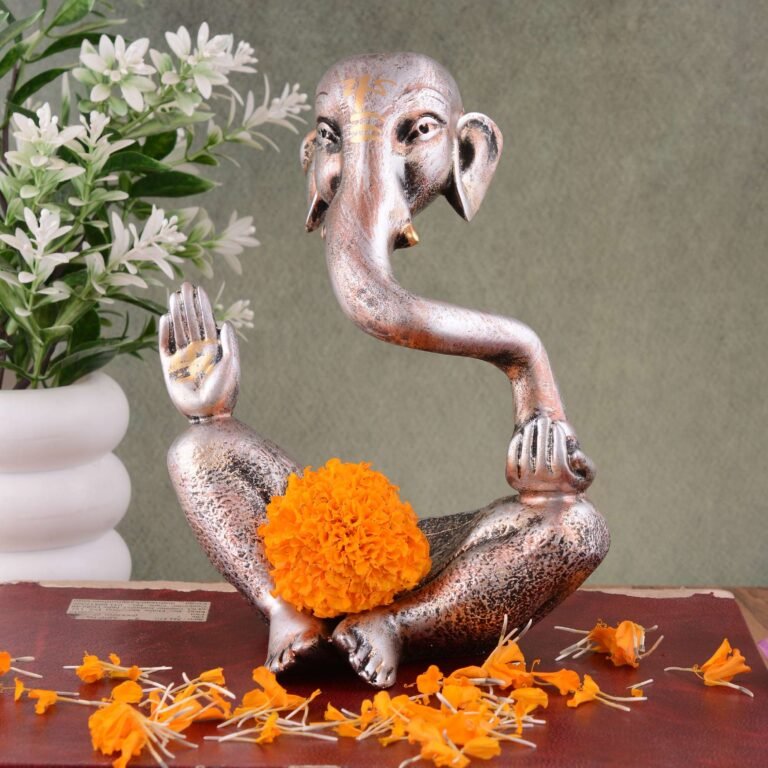 Elegant Silver Finish Meditating Ganesha Idol Peaceful Ganpati Statue for Home Temple Office & Meditation Space