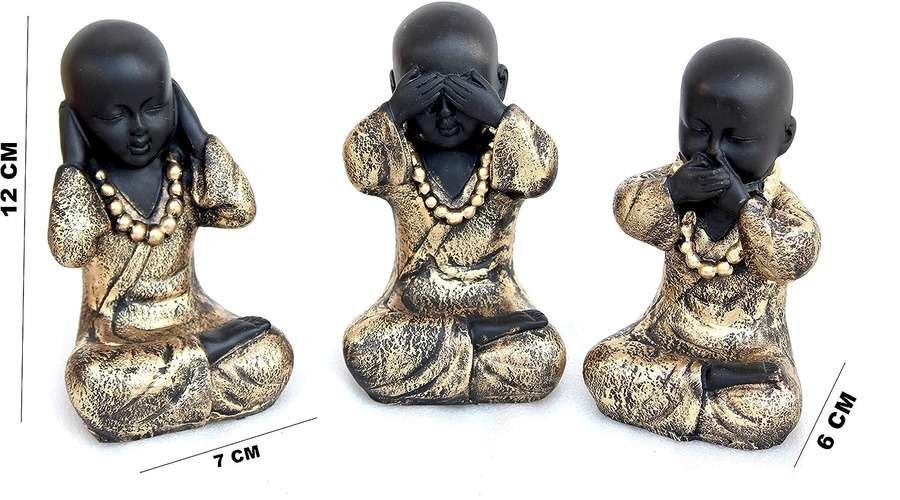 Set of 3 Baby BUddha Monk Decorative Showpiece – (Polyresin, Gold, Black)