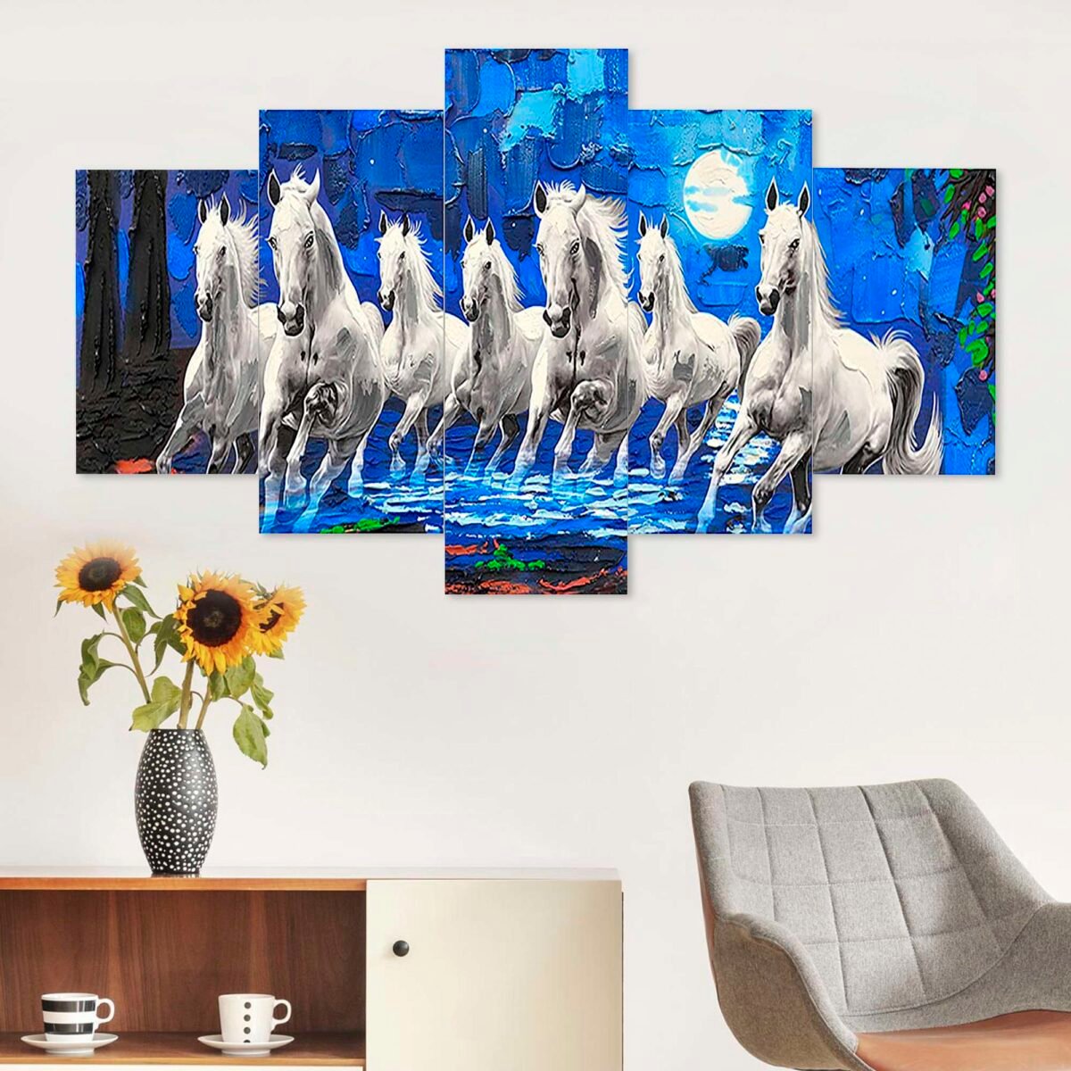 Horse Set of Five 3D Framed Paintings for Wall Decoration – Ideal for Home, Living Room, and Bedroom (125 x 60 CM)