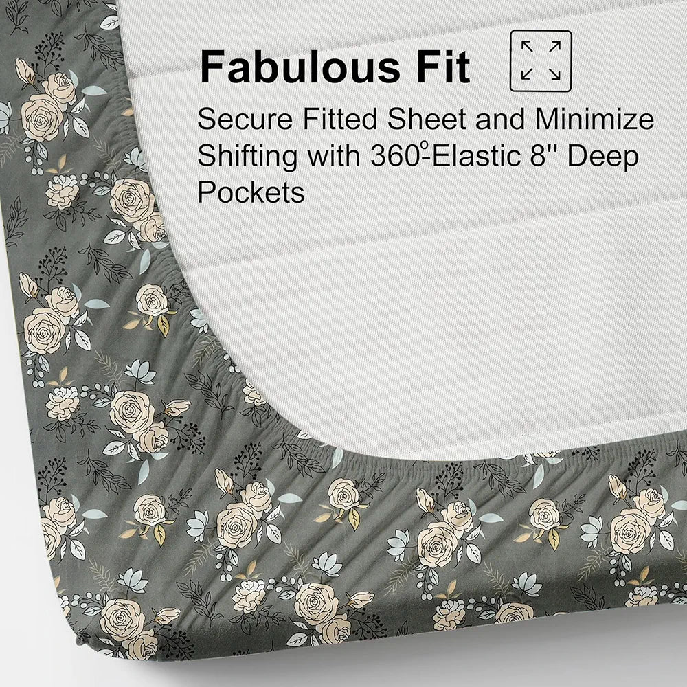 Fresh From Loom King Size Microfiber Fitted Bedsheet Set with Floral Print 240 TC Anti Fade 2 Pillow Covers Rose Oslo Grey