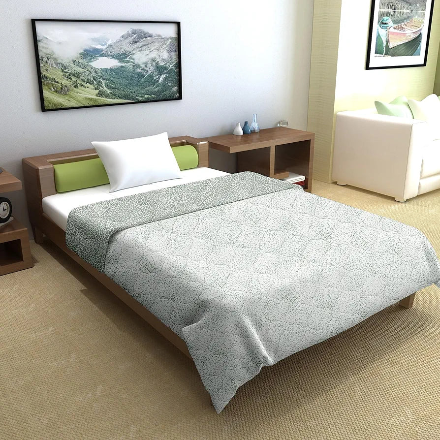 Divine Casa Microfibre All Weather Lightweight 120 GSM Printed Reversible Single Bed Size Quilt Comforter Blanket TC - 120 Colour Silvery and White