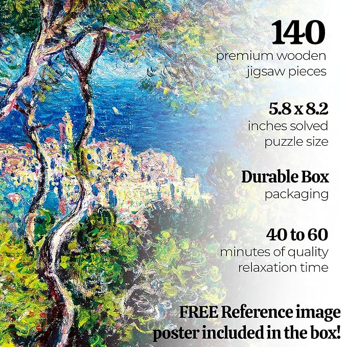 91knots Town of Bordighera by Claude Monet-wooden Jigsaw Puzzle (140 Pieces) for Adults and Kids | Brain Booster Games & Toys