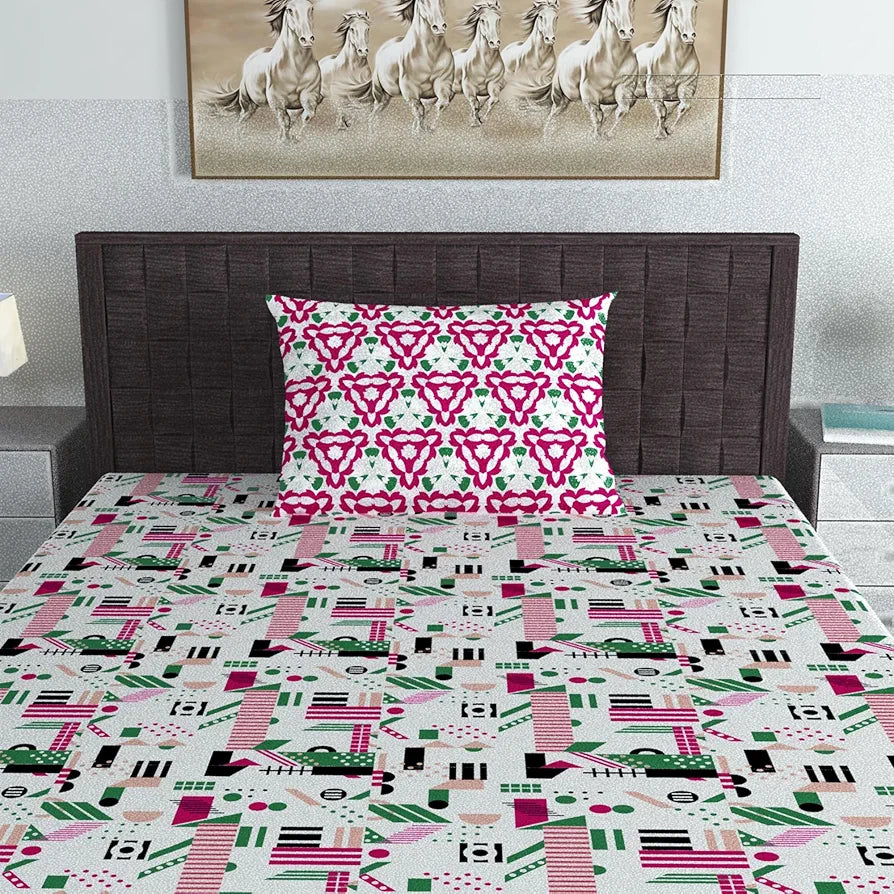 Divine Casa Bedsheet for Single Size Bed 144 TC Cotton Bedsheet for Single Size Bed with 1 Pillow Cover Abstract Colour Pink & White
