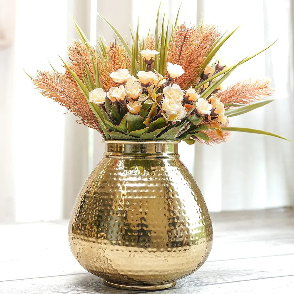 Behoma Matki Shape Metal Flower Vase Hammered Metal Flower Pot Golden Flowers not Included