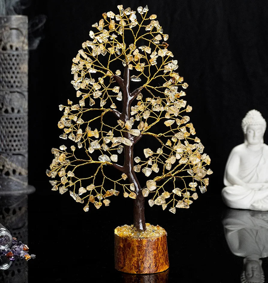 HindCraft Citrine Gemstone Crystal Tree Golden Wire 10-12 inch