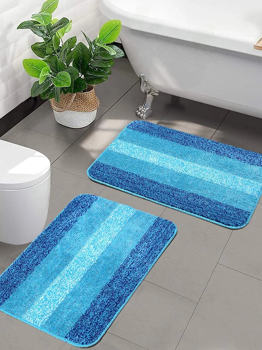 Saral Home Easy Living Microfiber Striped Rectangle Shaped Anti-skid Bath Mats Colour Blue (Pack Of 2)