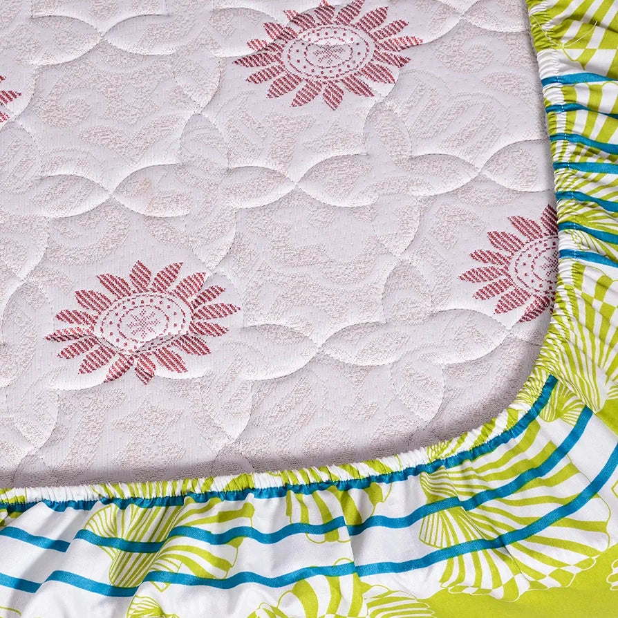 Divine Casa 144 TC 100% Cotton Acid Lime Elastic Fitted Bedsheets King Size with 2 Pillow Covers Colour Printed Acid Lime