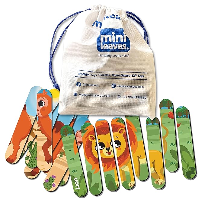 Mini Leaves Animal Theme Strip Wooden Puzzles | Picture Puzzle Strip for 3+ Years Kids | Multicolor 4 Patterns 32 Pieces