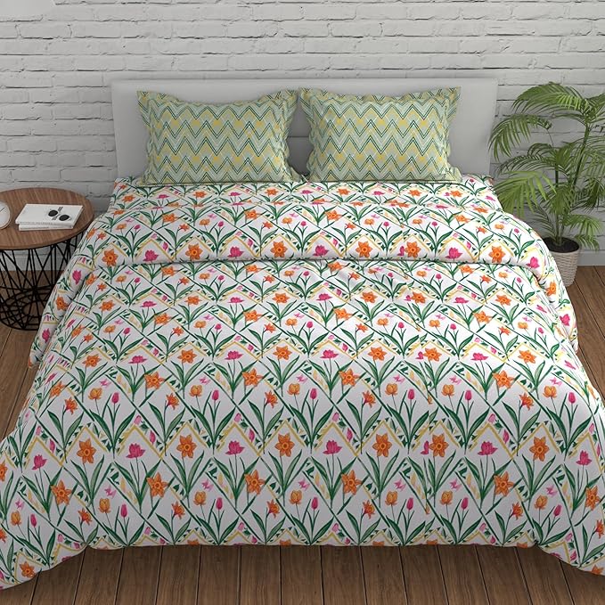 Huesland by Ahmedabad Cotton 144 TC Bedsheet for King Size Bed with 2 Pillow Covers | Botanical Chevron | Green, Yellow & White