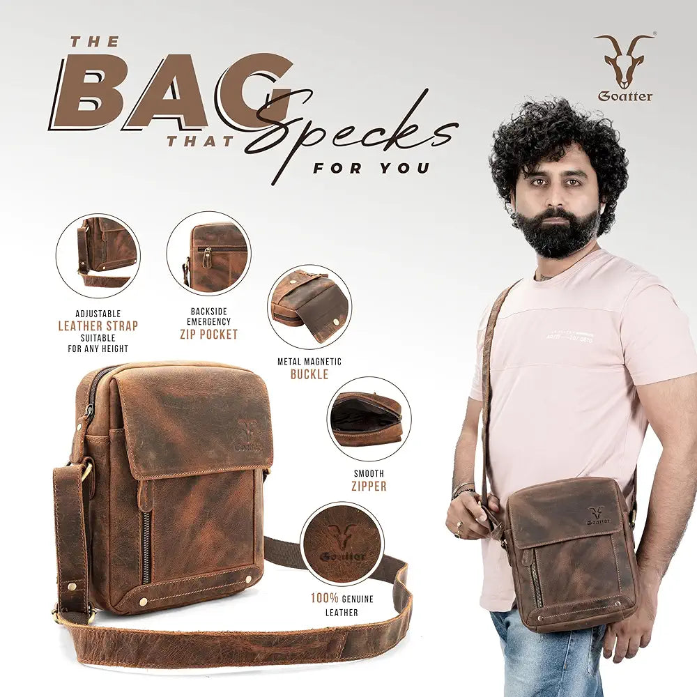 Goatter Genuine Leather 9.5" Inch Sling Messenger Bag For Men