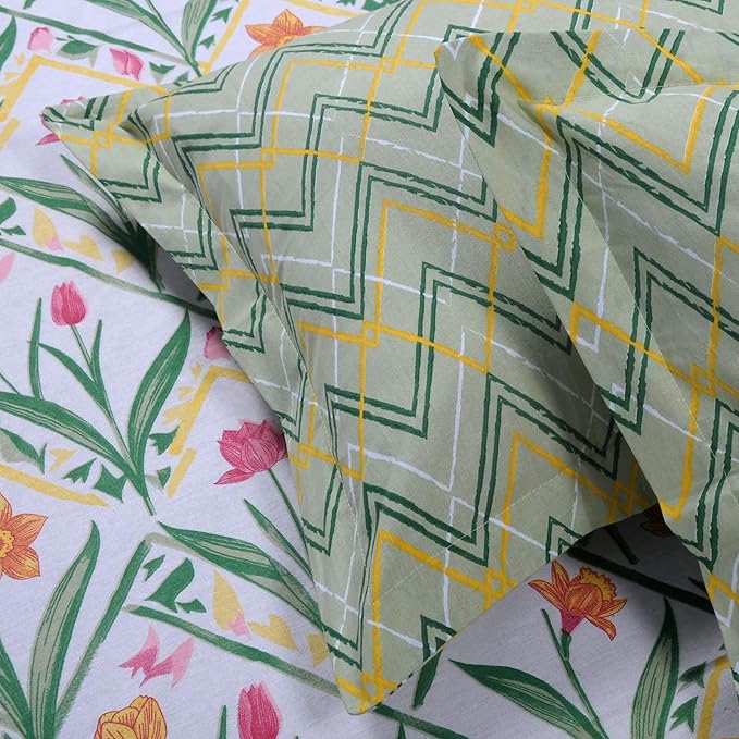 Huesland by Ahmedabad Cotton 144 TC Bedsheet for King Size Bed with 2 Pillow Covers | Botanical Chevron | Green, Yellow & White