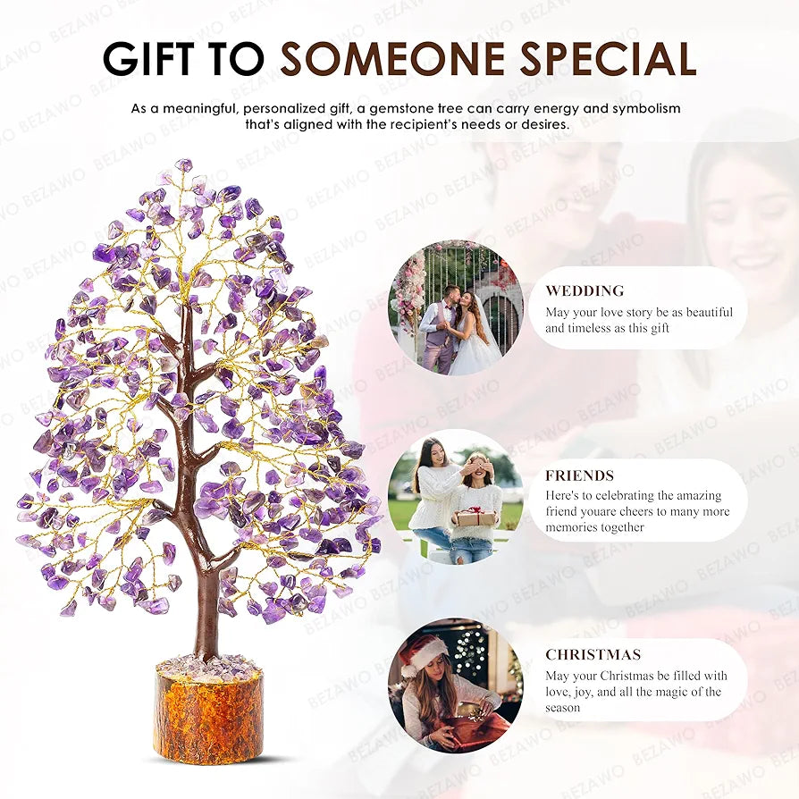 Bezavo Amethyst Gemstone Crystal Bonsai Tree – Good Luck Money Tree for Home & Office Decor 10-12 Inch