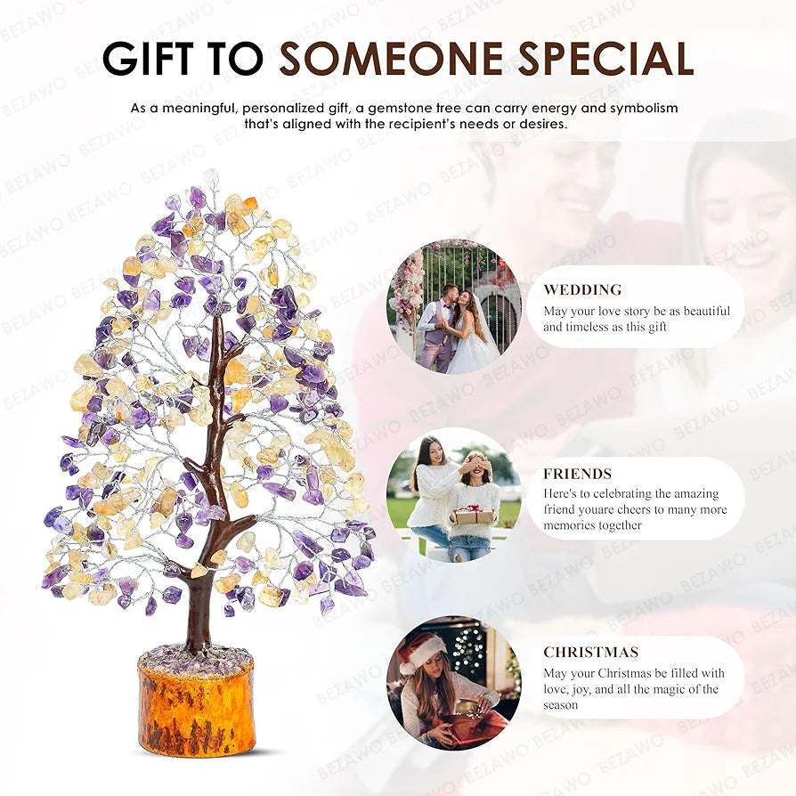 Bezavo Amethyst & Citrine Crystal Tree Feng Shui Seven Chakra Energy Tree – 10-12 Inch