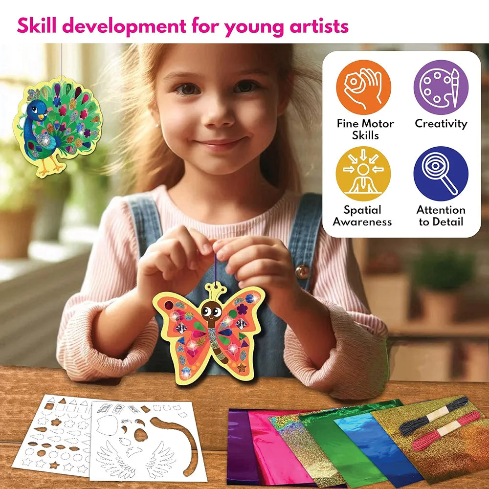 SparkLPlay Paper Art & Craft Kit, Foil Fun Activity. Birthday Gift For Girls & Boys Ages 4 To 9. Theme Danglers 6,Color Foils 40+,Stickers 190+. Foil Mosaic Craft. ,Multicolor