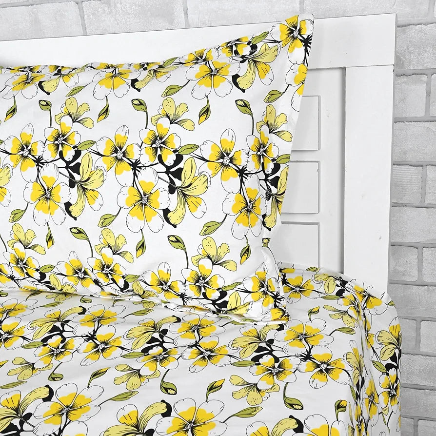 Divine Casa Bedsheet for Single Size Bed 144 TC Cotton Bedsheet for Single Size Bed with 1 Pillow Cover Floral Colour Golden Daffodil