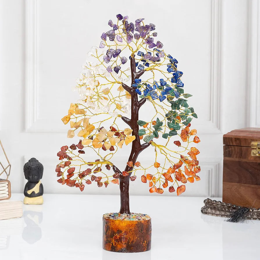 Zaicus Seven Chakra Gemstone Tree Crystal Tree of Life Feng Shui 10-12 Inch Silver Wire