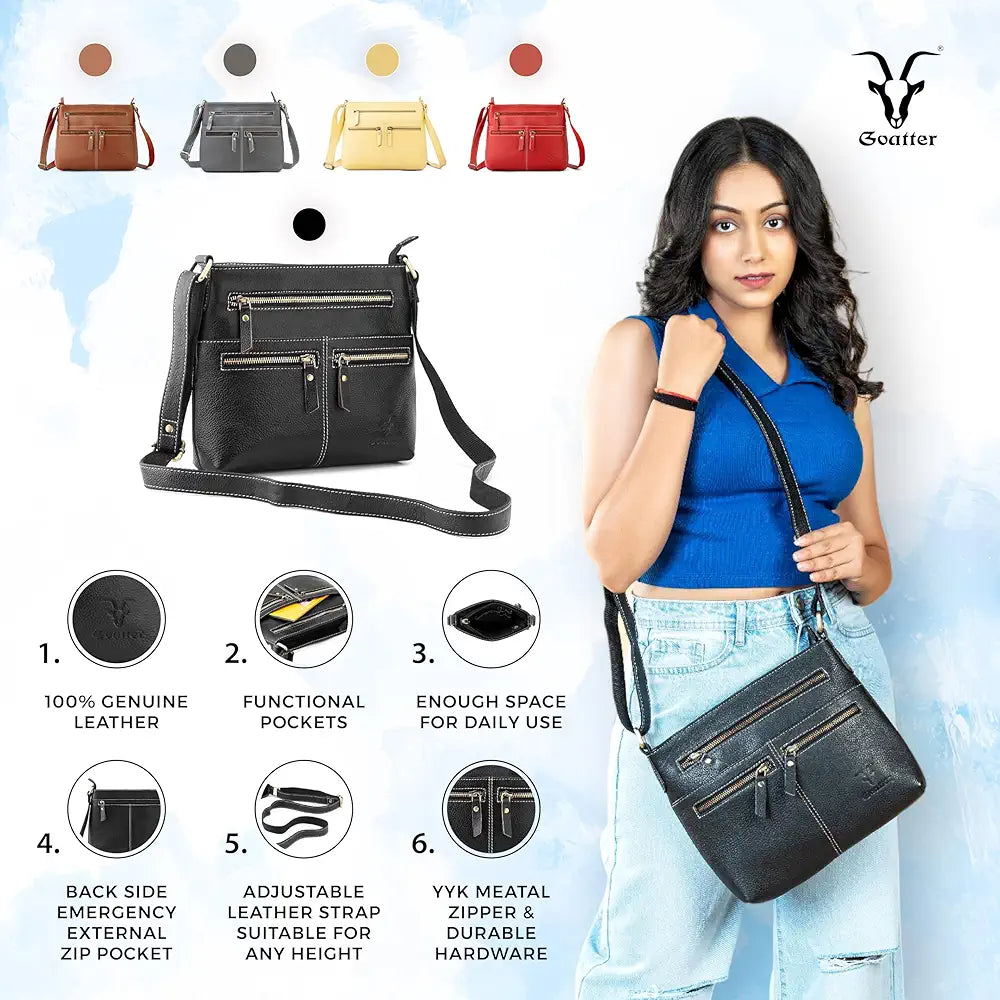 Goatter Genuine Soft Leather Multi Pocket 10" Inch Sling Cross-BodyBag for Girls And Women,