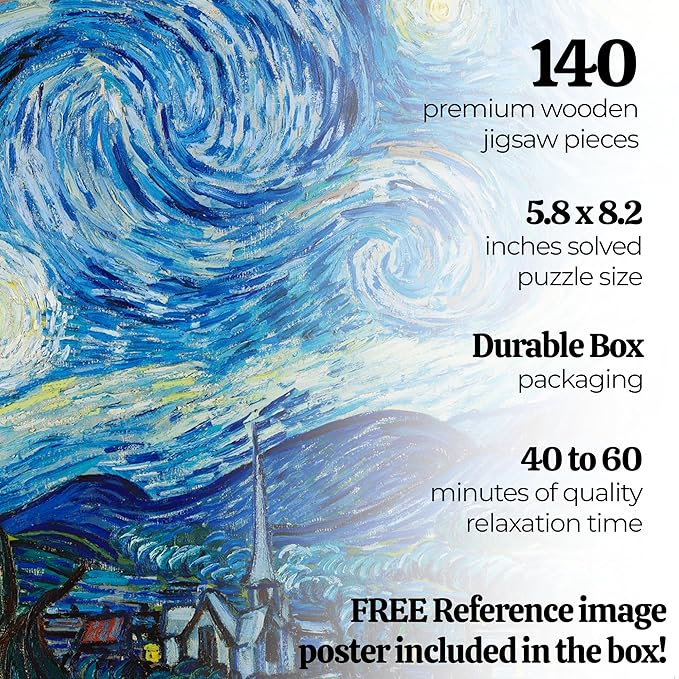 91knots Vincent Van Gogh's-starry Night Wooden Jigsaw Puzzle 140 Pieces | Brain Booster Games & Toys for Above 5+ Years