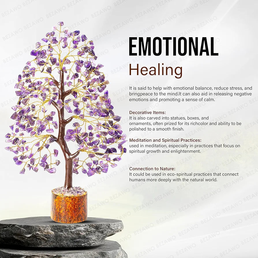 Bezavo Amethyst Gemstone Crystal Bonsai Tree – Good Luck Money Tree for Home & Office Decor 10-12 Inch