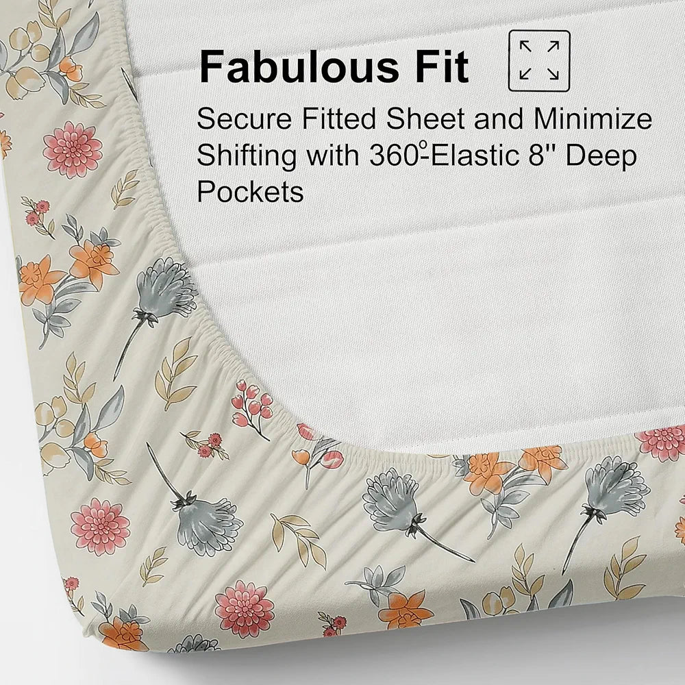 Fresh From Loom Floral Print 240 TC Microfiber King Size Fitted Bedsheet Set with 2 Pillow Covers Pastel Cream