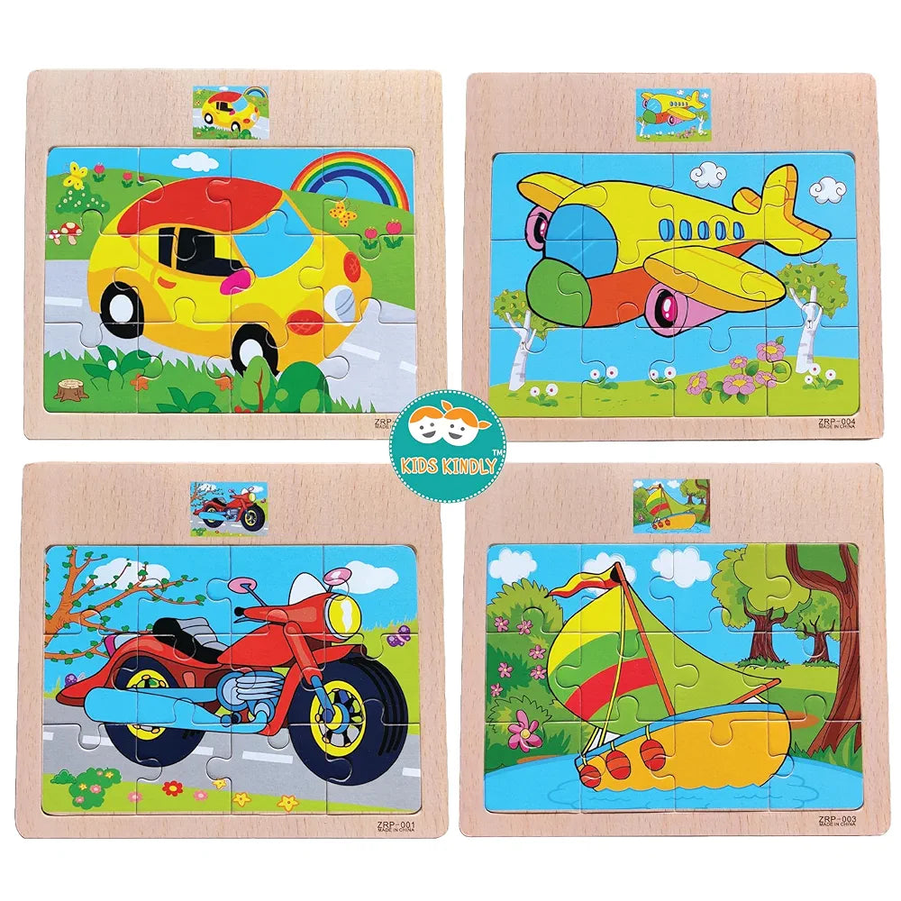 KIDS KINDLY Wooden 12 Piece Jigsaw Puzzle for Kids, Animals & Vehicle Theme Game, Promotes Fine Motor Skills, Improve Hand-Eye Coordination, Puzzle Game for Kids - 3 Years+ Random Design