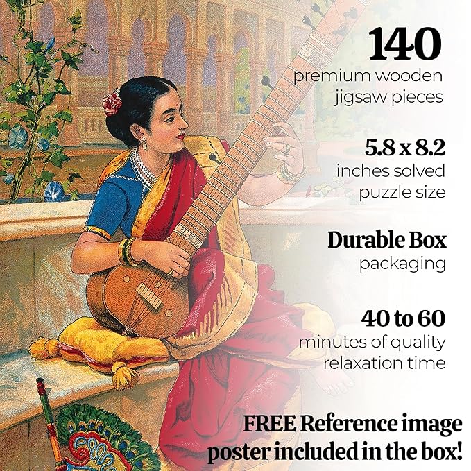 91knots Raja Ravi Varma's - Woman Playing Sitar Wooden Jigsaw Puzzle (140 Pieces) for Adults and Kids Indian Artwork Puzzle