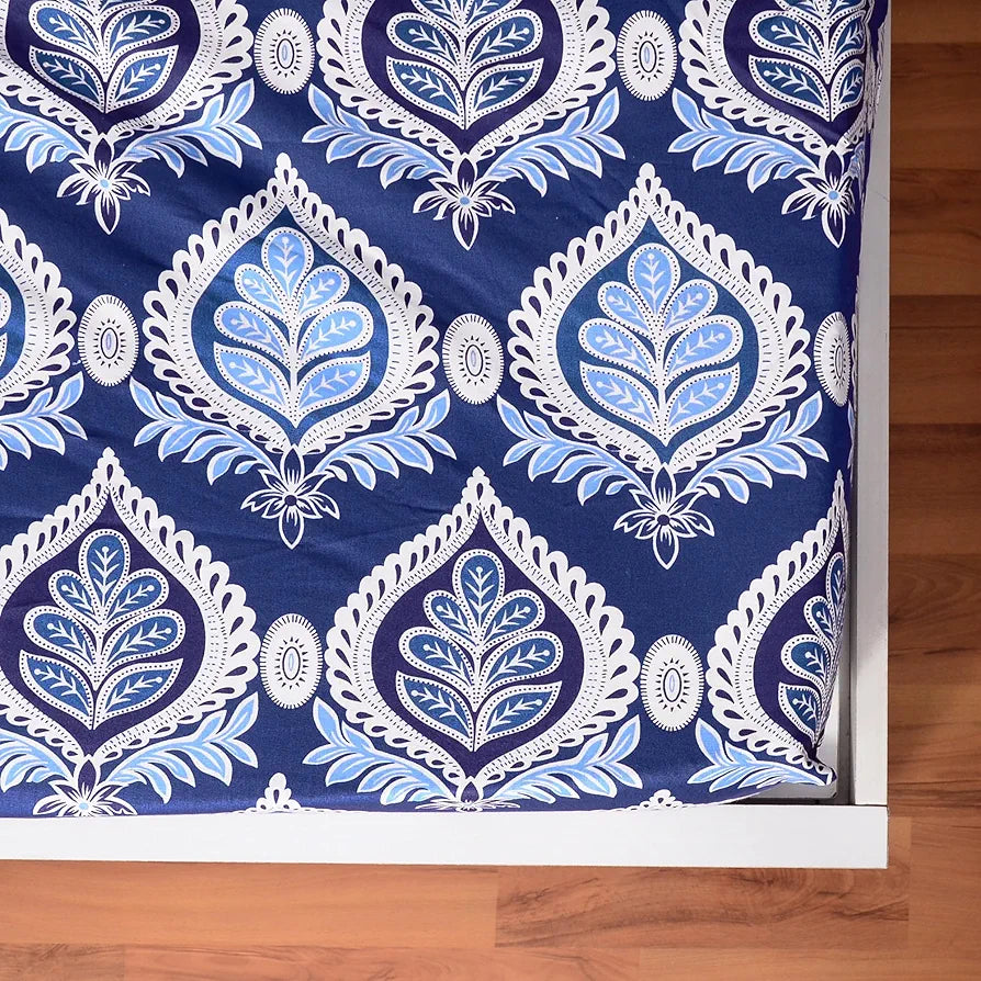 Divine Casa 144 TC Floral Blue 100% Elastic Fitted Printed King Size Double Bed Bedsheet with 2 Pillow Cover for Bedroom Colour Baja Blue