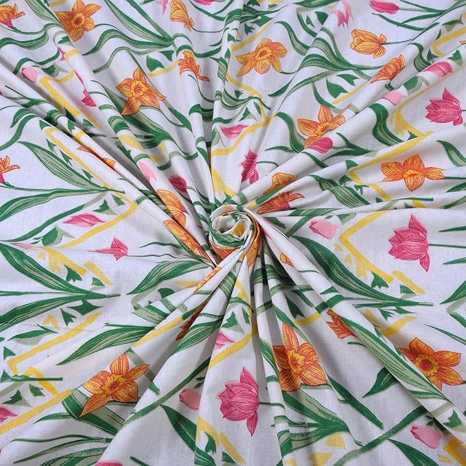 Huesland by Ahmedabad Cotton 144 TC Bedsheet for King Size Bed with 2 Pillow Covers | Botanical Chevron | Green, Yellow & White