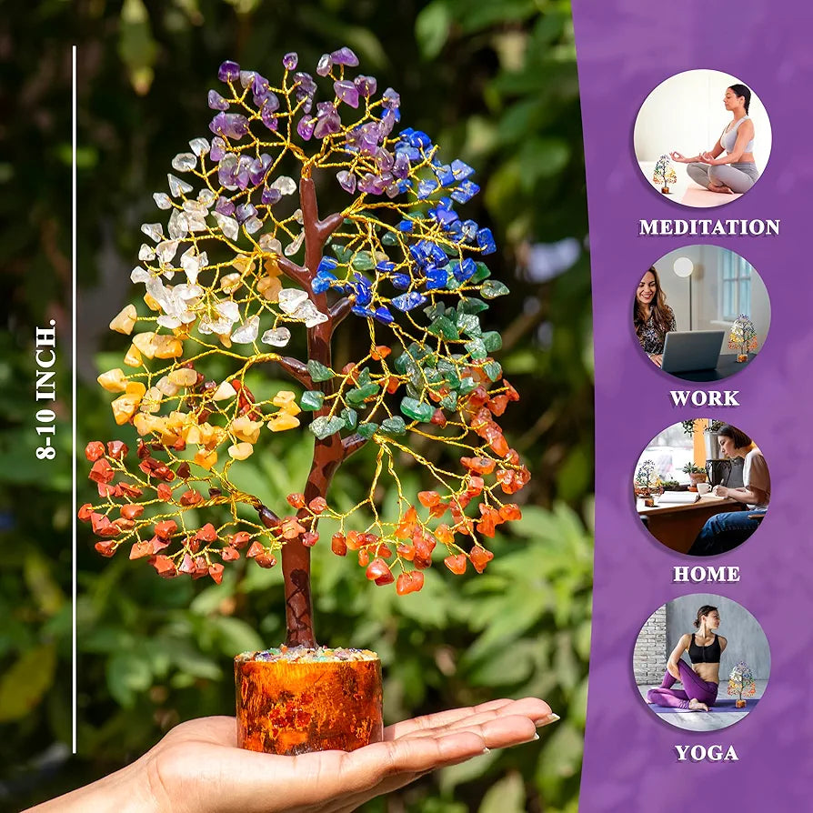 Zaicus Seven Chakra Gemstone Tree Crystal Tree of Life Feng Shui 10-12 Inch Silver Wire