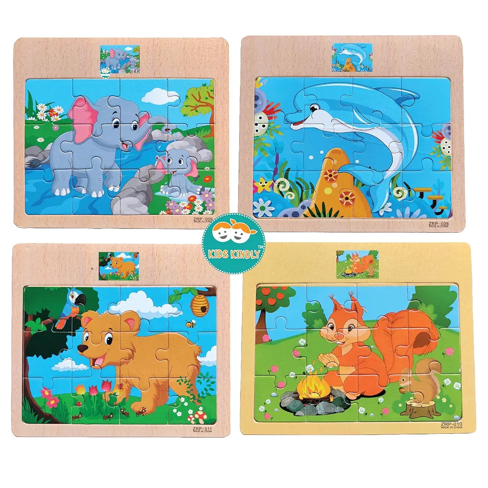 KIDS KINDLY Wooden 12 Piece Jigsaw Puzzle for Kids, Animals & Vehicle Theme Game, Promotes Fine Motor Skills, Improve Hand-Eye Coordination, Puzzle Game for Kids - 3 Years+ Random Design
