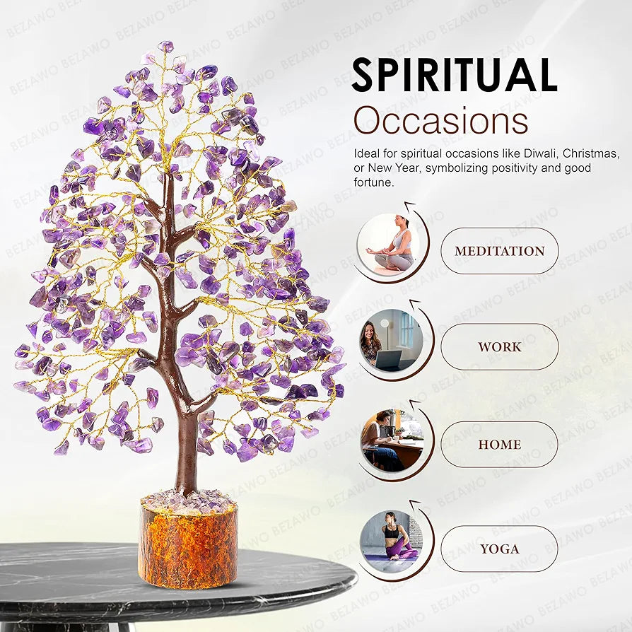 Bezavo Amethyst Gemstone Crystal Bonsai Tree – Good Luck Money Tree for Home & Office Decor 10-12 Inch