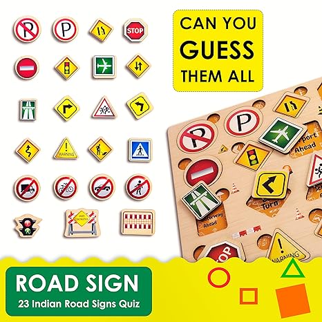 Zudo Wooden Montessori Educational Pre-School Puzzle Board Toy for Boys and Girl Traffic Symbol