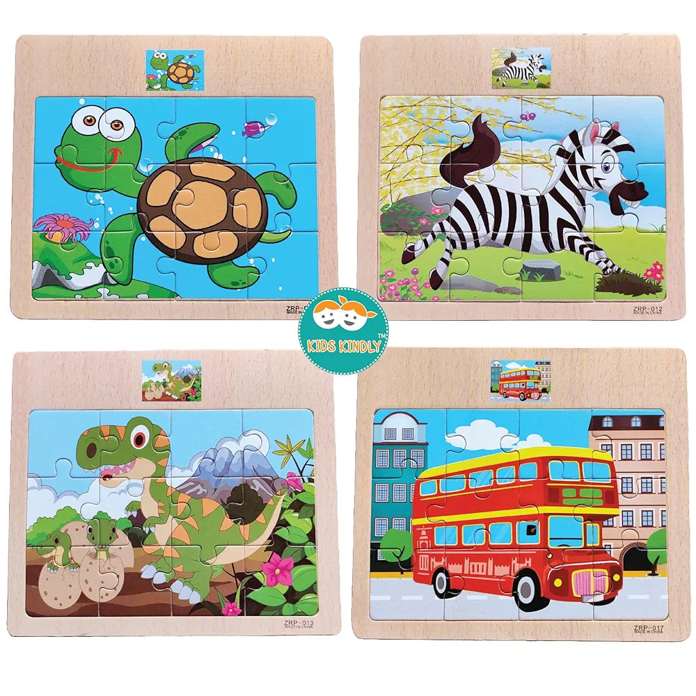 KIDS KINDLY Wooden 12 Piece Jigsaw Puzzle for Kids, Animals & Vehicle Theme Game, Promotes Fine Motor Skills, Improve Hand-Eye Coordination, Puzzle Game for Kids - 3 Years+ Random Design