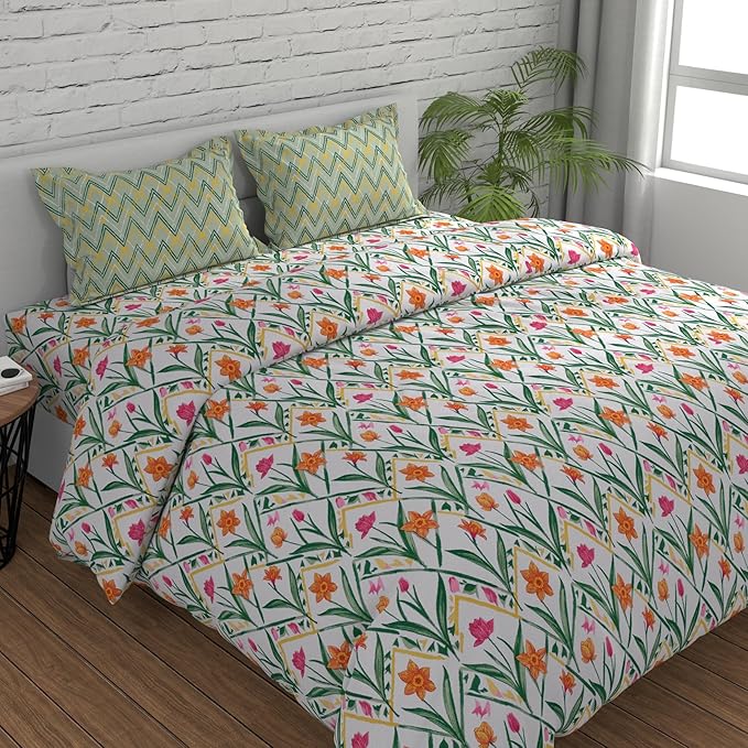 Huesland by Ahmedabad Cotton 144 TC Bedsheet for King Size Bed with 2 Pillow Covers | Botanical Chevron | Green, Yellow & White