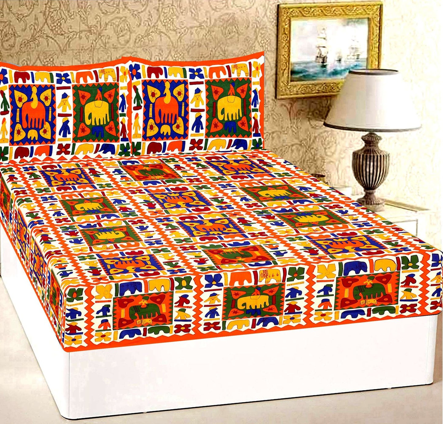 100% Pure Cotton Traditional Printed Bedsheet for Double Bed King Size Bedsheet with 2 Pillow Covers